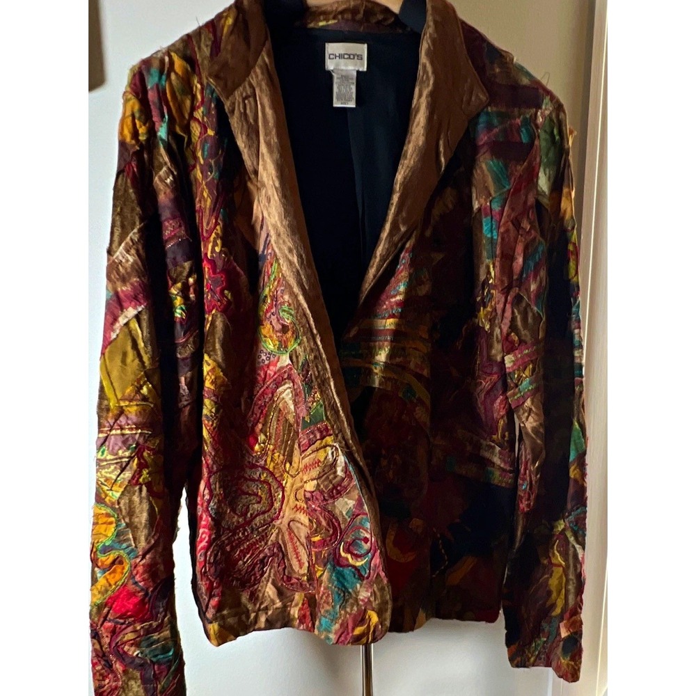 Chico's Multicolor Paisley Satin Open Front Lined Jacket Long Sleeve Size 1